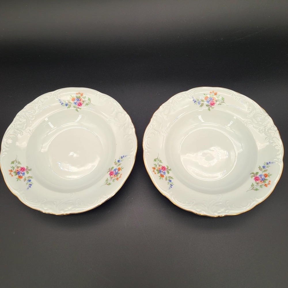 Set of 2 Vintage Wawel Pink Roses Rimmed Soup Bowls 8" Made In Poland Fine China